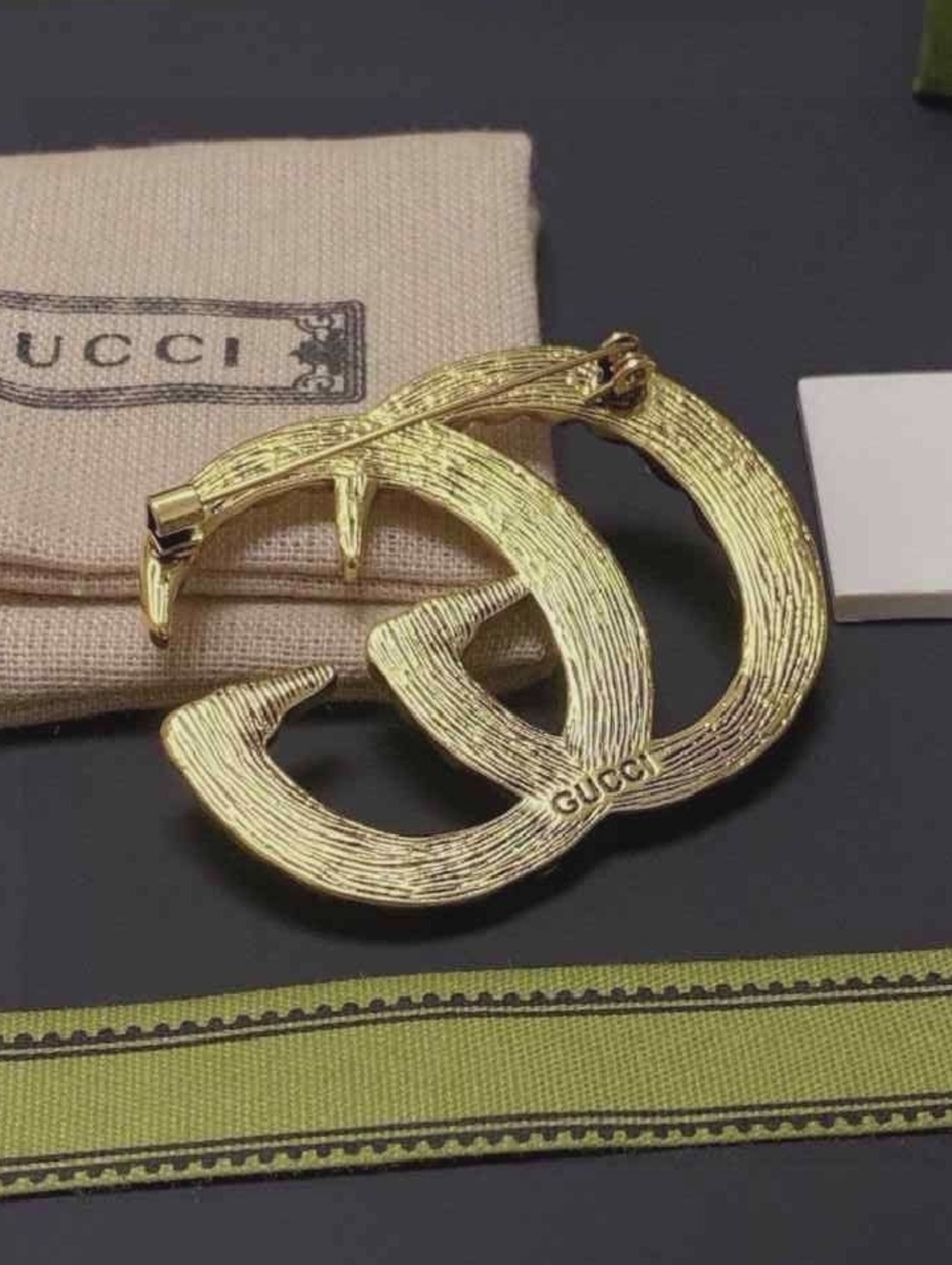 Gucci Gold-Tone Crystal Double G Pin Brooch - Picture 4 of 7